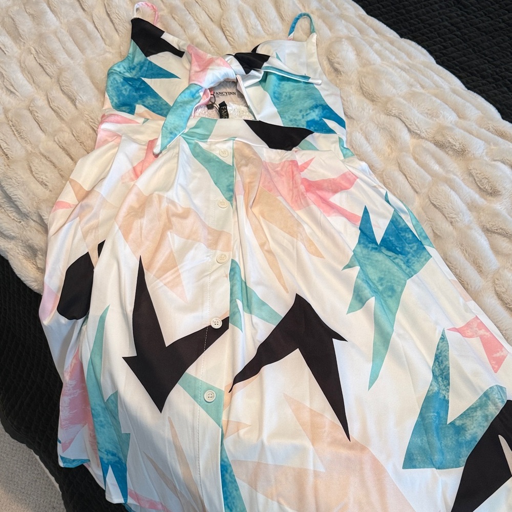 Fancyinn White and Blue Abstract Midi Dress
